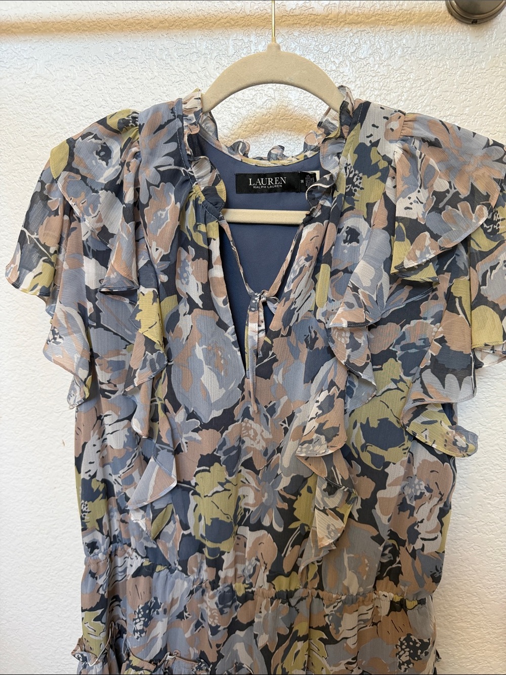 Ralph Lauren Multicolor Floral Ruffle Blouse - Blue, Tan, Olive